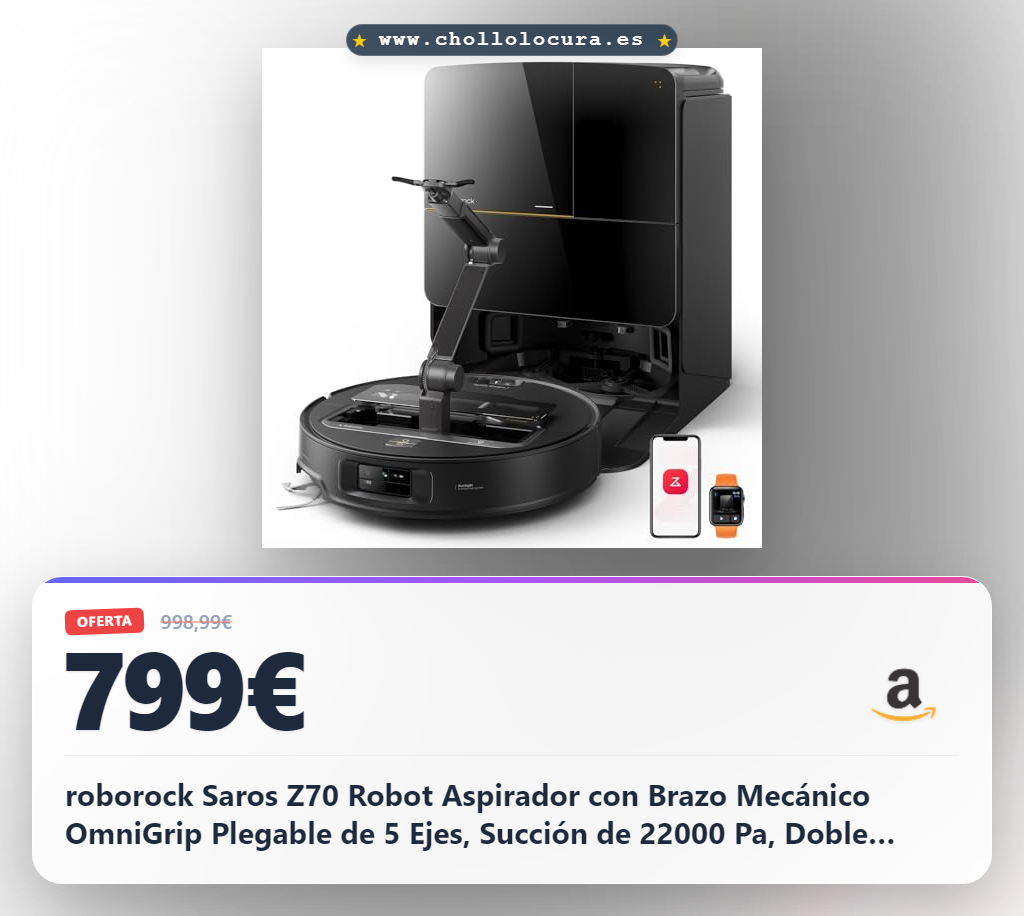 roborock Saros Z70 Robot Aspirador con Brazo Mecánico OmniGrip Plegable de 5 Ejes, Succión de 22000 Pa, Doble Sistema antienredos, Diseño Ultrafino de 7,98 cm y Evitar 108 Tipos de Obustáculos, Negro