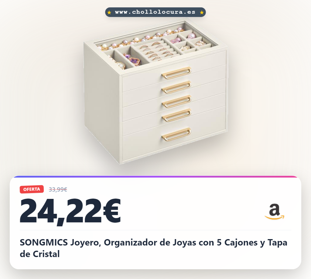 SONGMICS Joyero, Organizador de Joyas con 5 Cajones y Tapa de Cristal
