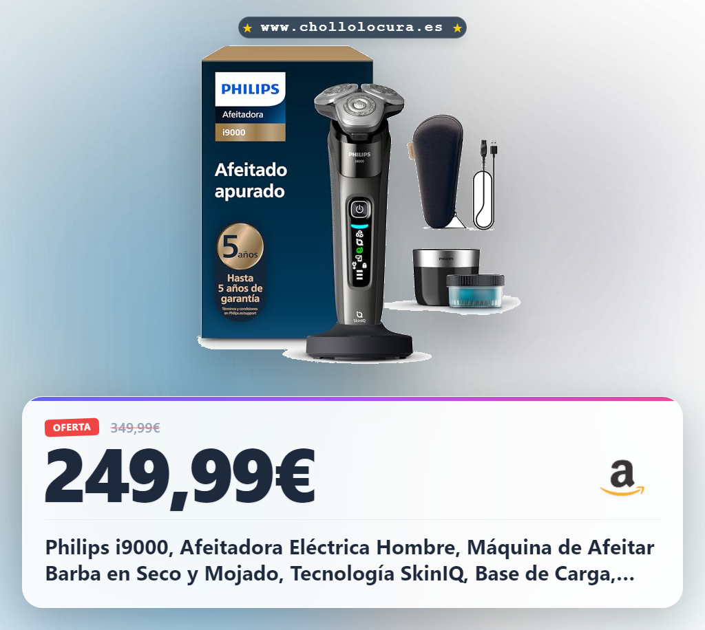 Philips i9000, Afeitadora Eléctrica Hombre, Máquina de Afeitar Barba en Seco y Mojado, Tecnología SkinIQ, Base de Carga, Recargable, Estuche de Viaje, Centro de limpieza, X9002/30