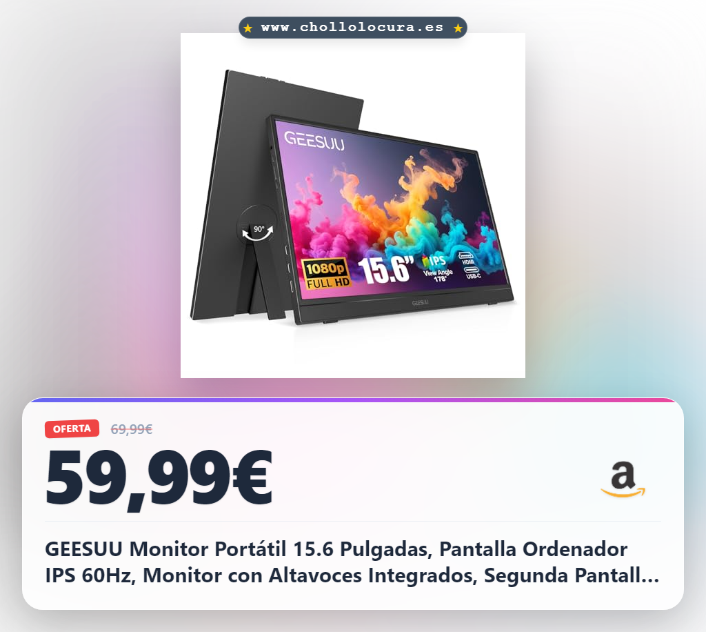 GEESUU Monitor Portátil 15.6 Pulgadas, Pantalla Ordenador IPS 60Hz, Monitor con Altavoces Integrados, Segunda Pantalla para PC, Soporte Giratorio 90°, HDMI/USB-C/Type-C