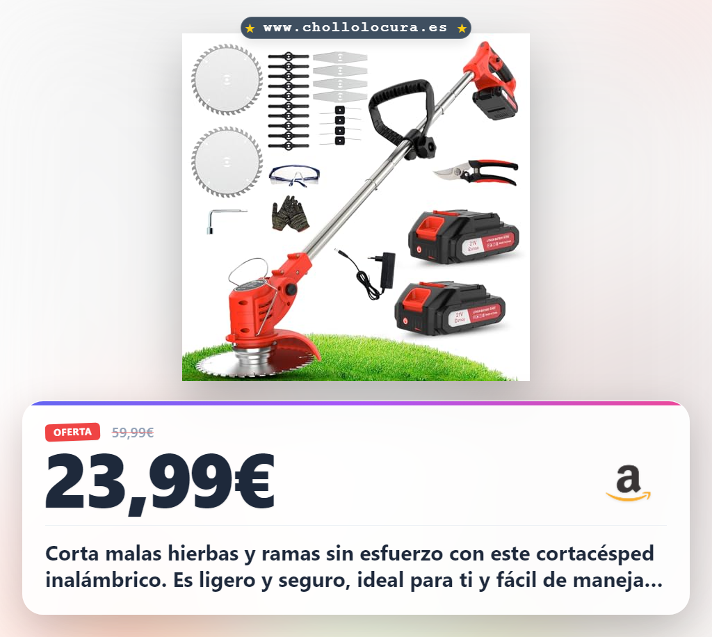 Corta malas hierbas y ramas sin esfuerzo con este cortacésped inalámbrico. Es ligero y seguro, ideal para ti y fácil de manejar. Con dos baterías y cuatro cuchillas, tienes la potencia y la versatilidad que necesitas para un jardín impecable.