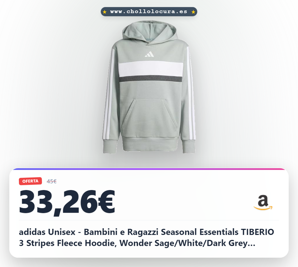 adidas Unisex - Bambini e Ragazzi Seasonal Essentials TIBERIO 3 Stripes Fleece Hoodie, Wonder Sage/White/Dark Grey Heather, 15-16 Years