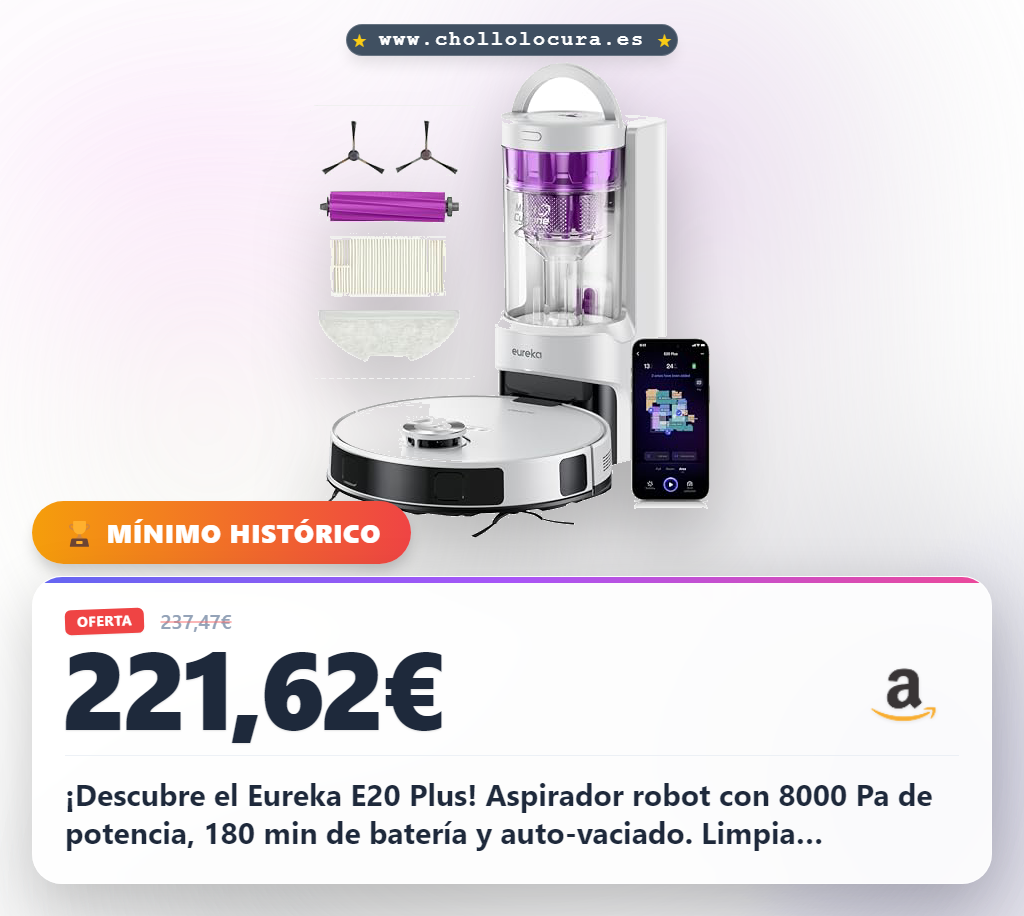 ¡Limpia sin esfuerzo! Robot Aspirador Autovaciado Eureka E20 Plus 8000 Pa, 180 Min, DuoDetect AI, 45 Días sin Vaciado, Alfombras y Pelo de Mascota
