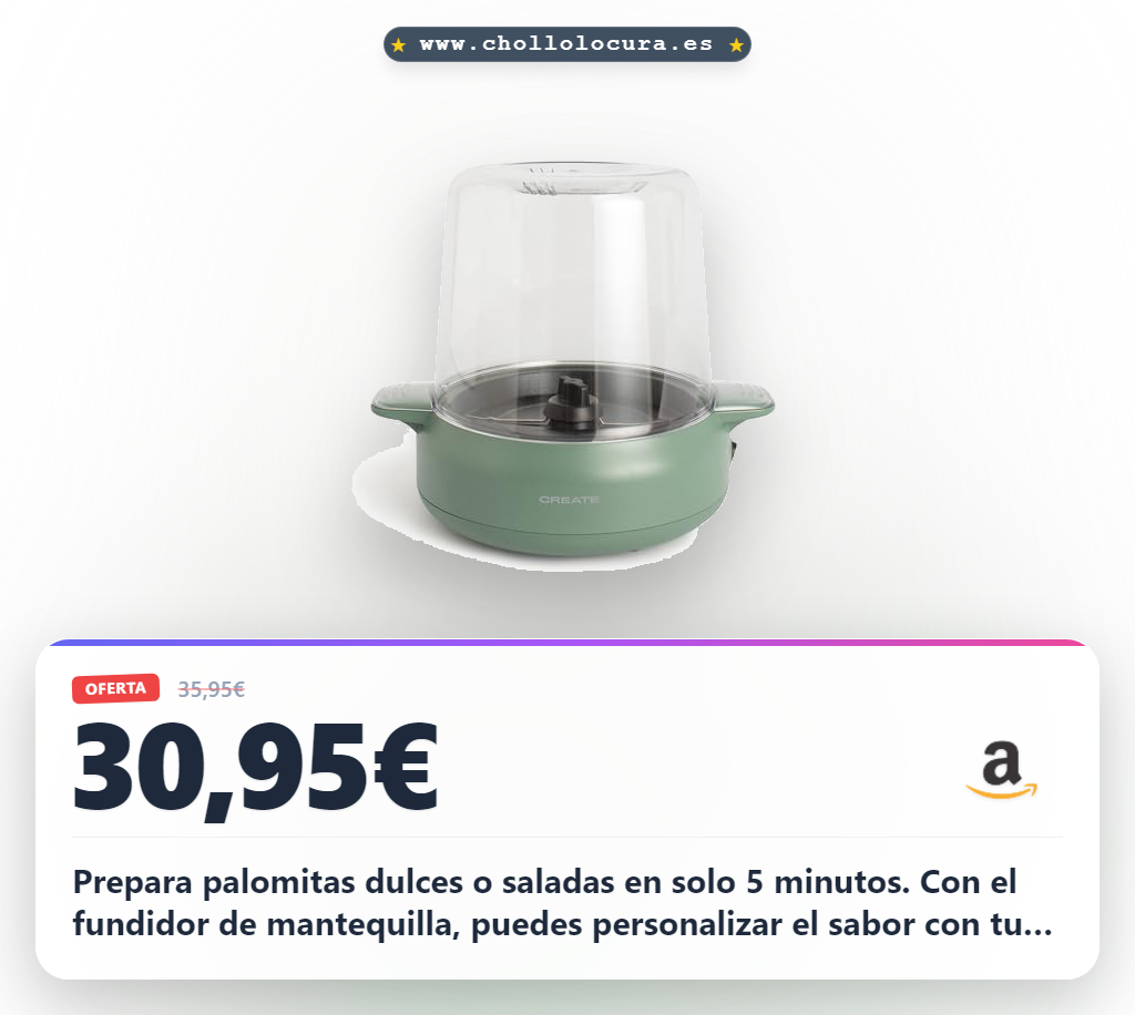Aprovecha la máquina de palomitas CREATE Studio con fundidor de mantequilla. Prepara palomitas dulces o saladas en 5 minutos.