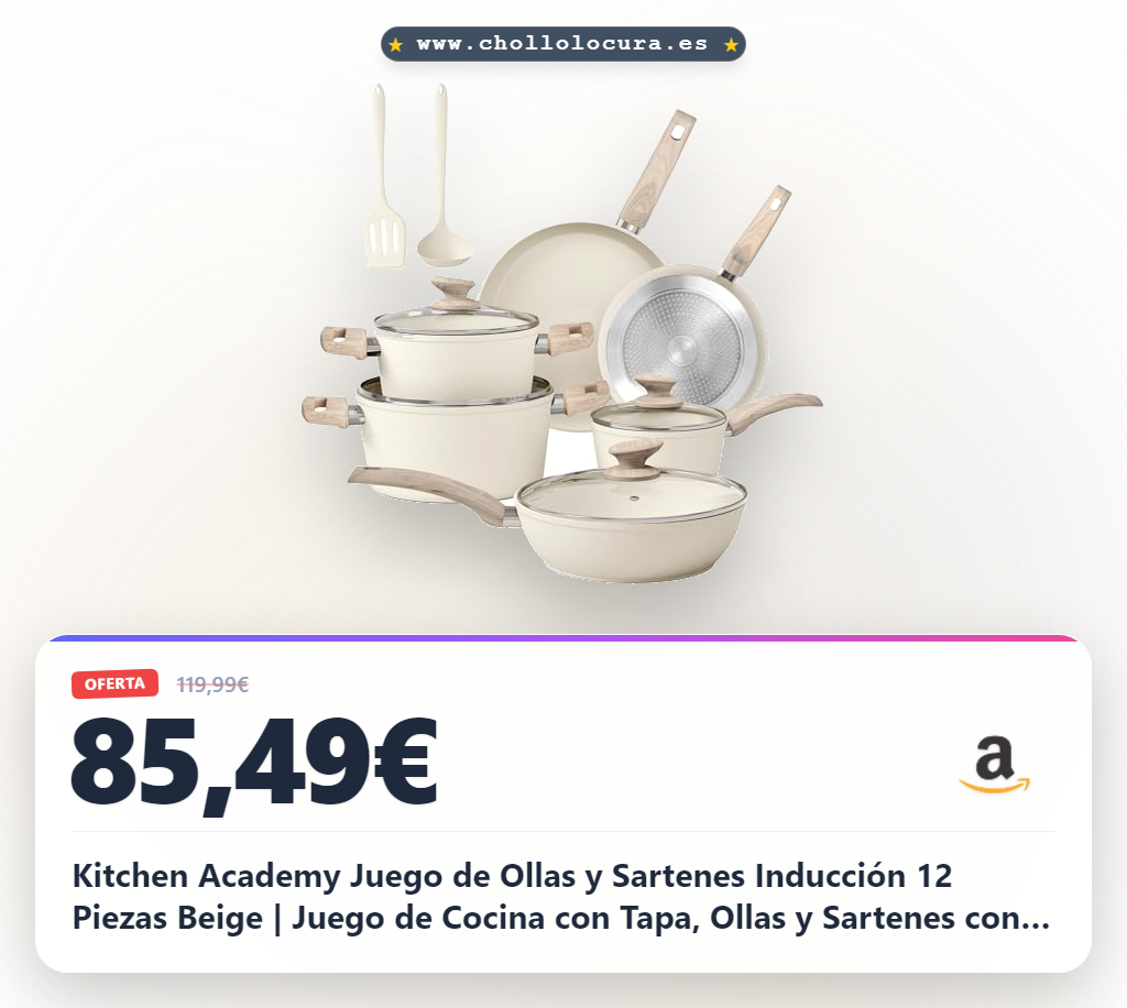 Kitchen Academy Juego de Ollas y Sartenes Inducción 12 Piezas Beige | Juego de Cocina con Tapa, Ollas y Sartenes con Sellado Antiadherente para Inducción, Cocinas de Gas y Microondas