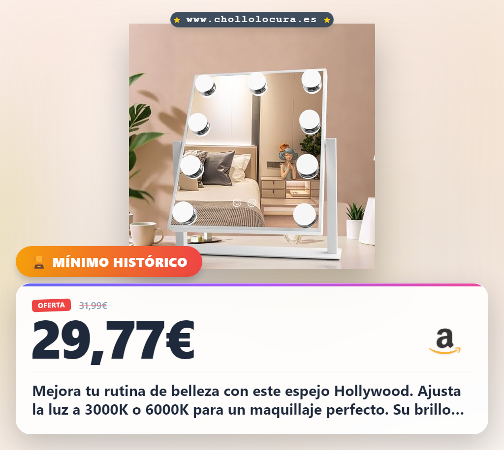 Ahorra el Espejo de Maquillaje Hollywood regulable 3000K/6000K, con iluminación LED a precio de chollo