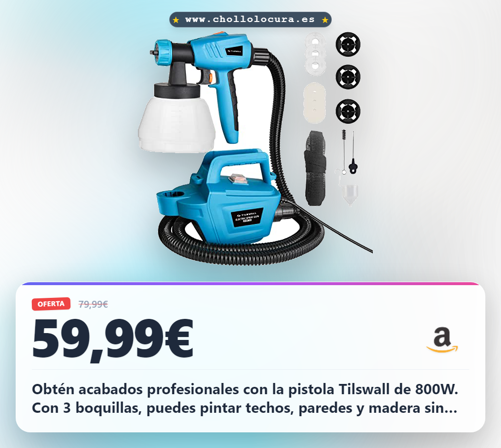 Compra la pistola de pintura eléctrica Tilswall 800W HVLP con 3 boquillas a precio de chollo para techos y paredes