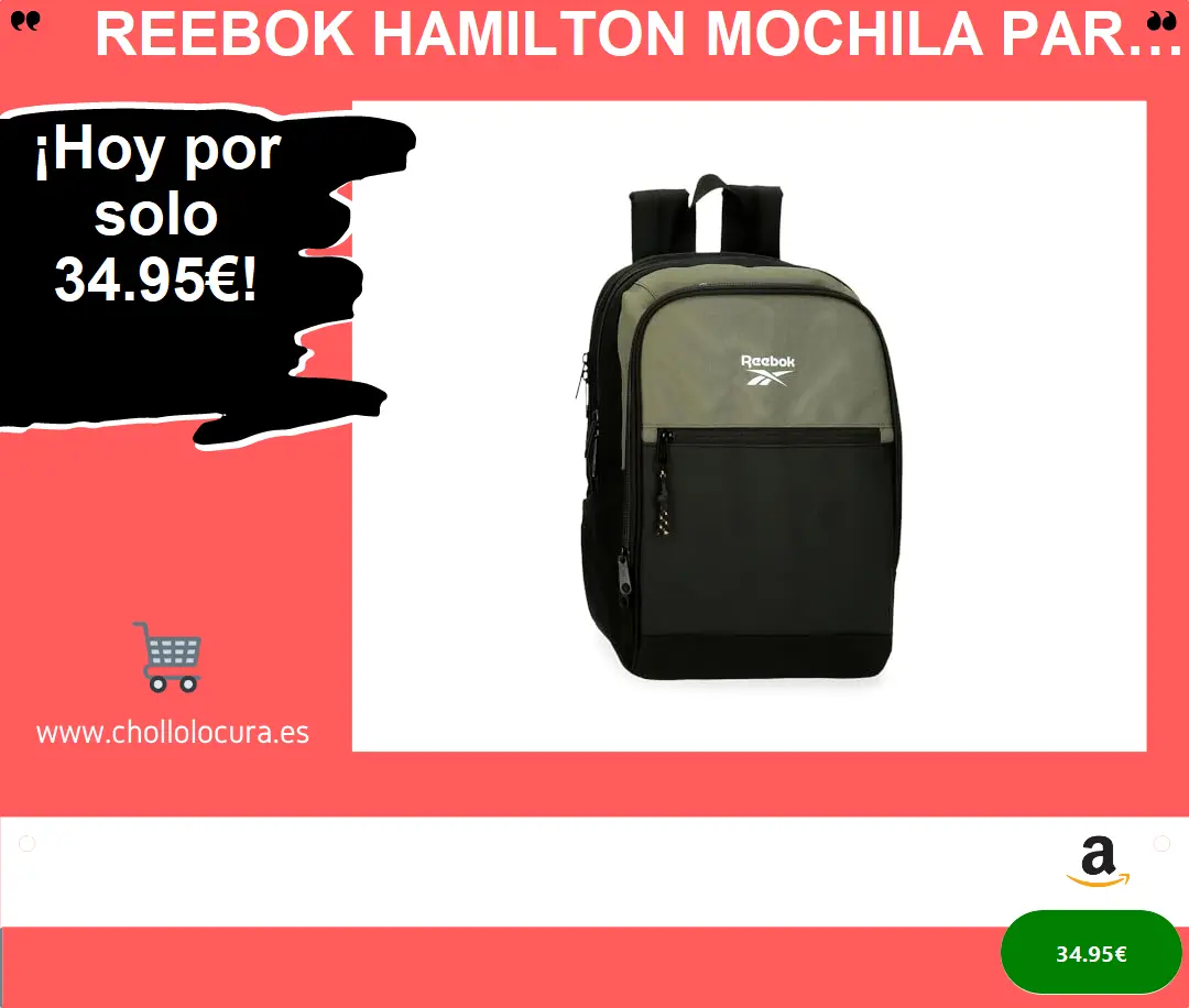 Reebok Hamilton Mochila para Portátil 13,3" Verde 25x37x10 cms Poliéster 9,25L by Joumma Bags