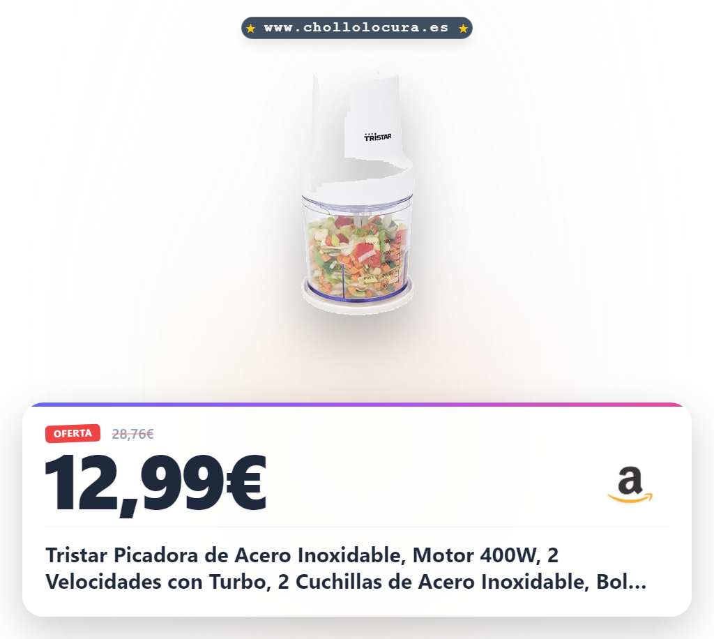 Tristar Picadora de Acero Inoxidable, Motor 400W, 2 Velocidades con Turbo, 2 Cuchillas de Acero Inoxidable, Bol 0.5L, Diseño Compacto, Piezas Aptas Lavavajillas, BL-4023