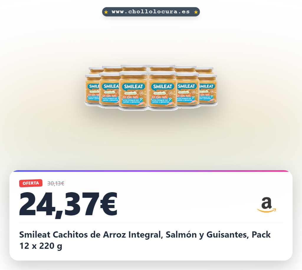 Smileat Cachitos de Arroz Integral, Salmón y Guisantes, Pack 12 x 220 g