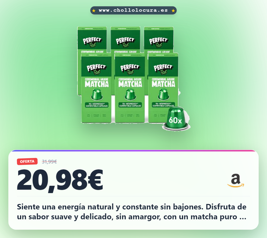 Aprovecha las cápsulas de matcha original PerfectTed para Nespresso. Obtén energía natural y sabor cerimonial a precio de chollo