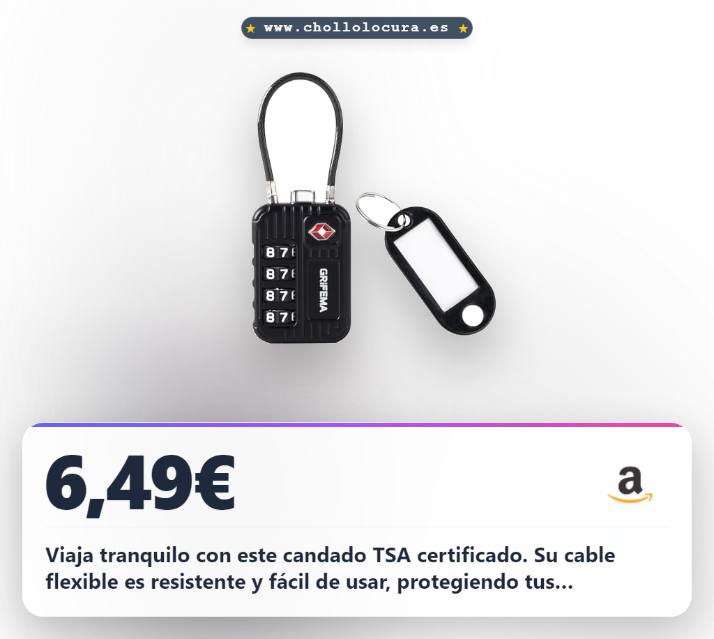 Aprovecha el candado TSA GRIFEMA de 4 dígitos con cable flexible. Seguridad certificada para maletas y equipaje en oferta.