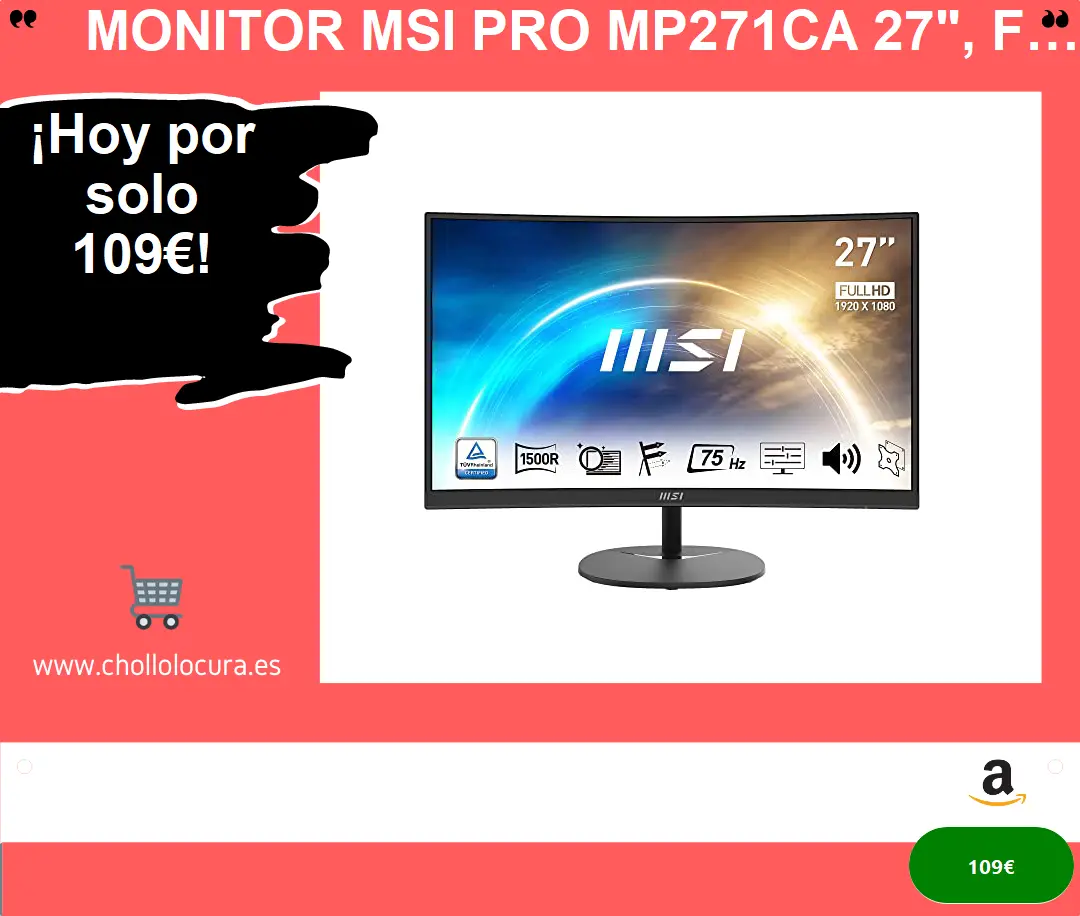 Monitor MSI PRO MP271CA 27", Frame-less, Curvo 1500R, FHD 1920x1080, 1ms - Negro