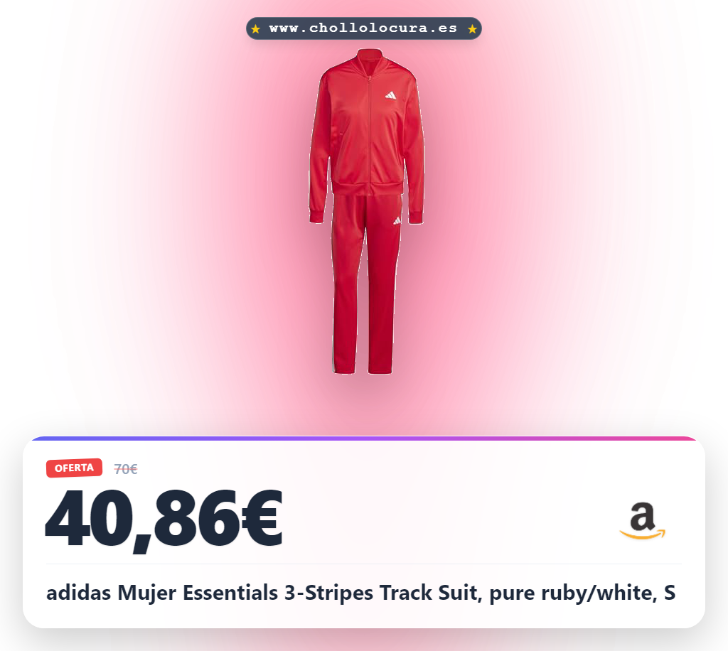 adidas Mujer Essentials 3-Stripes Track Suit, pure ruby/white, S
