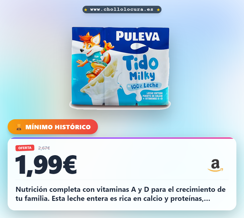 Aprovecha el pack de leche entera Puleva Tido Milky con Vitaminas A y D y pajitas al mejor precio