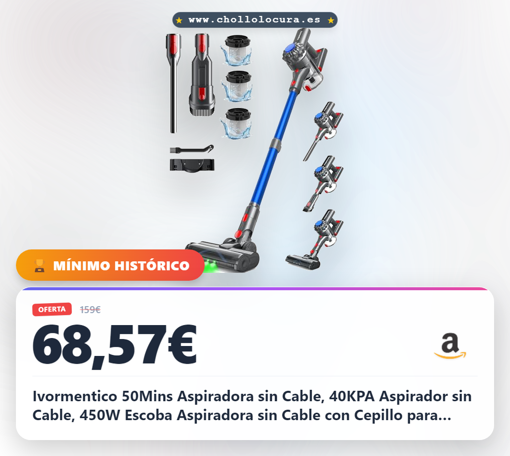 Ivormentico 50Mins Aspiradora sin Cable, 40KPA Aspirador sin Cable, 450W Escoba Aspiradora sin Cable con Cepillo para Suelos Mejorado, Aspirador Vertical con LED Verde, para Suelo/Pelo, Azul