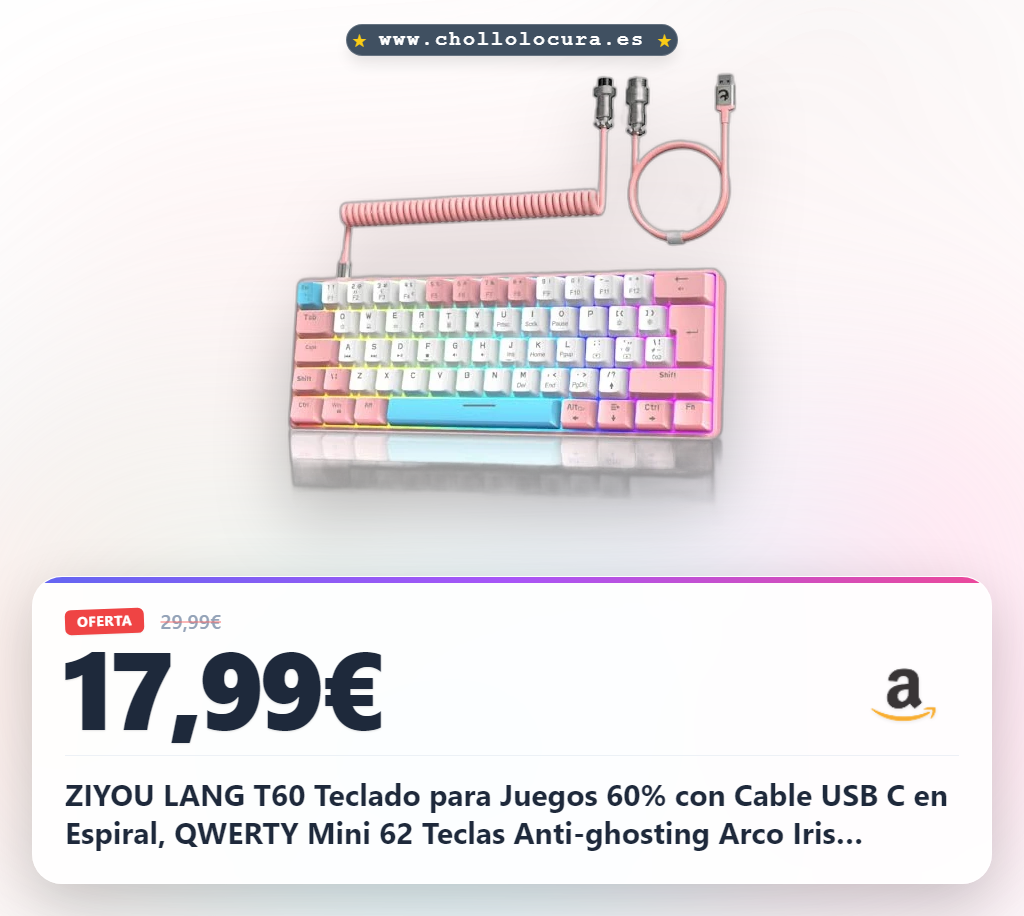 ZIYOU LANG T60 Teclado para Juegos 60% con Cable USB C en Espiral, QWERTY Mini 62 Teclas Anti-ghosting Arco Iris Retroiluminado Teclado Mecánico, Linear Rojo Switch para Mac/Win - Rosa