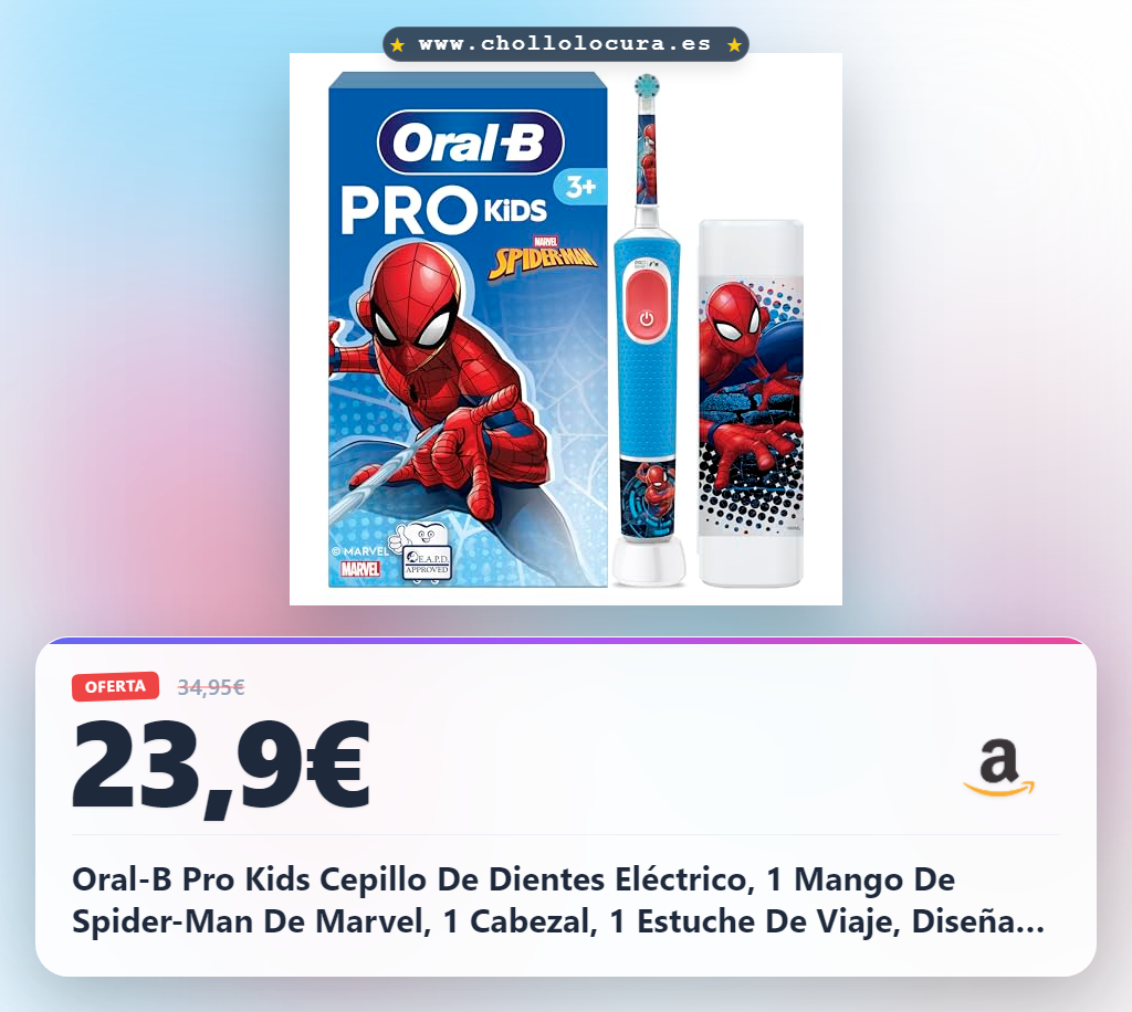 Oral-B Pro Kids Cepillo De Dientes Eléctrico, 1 Mango De Spider-Man De Marvel, 1 Cabezal, 1 Estuche De Viaje, Diseñado Por Braun, Apto Para Niños Mayores De 3 Años