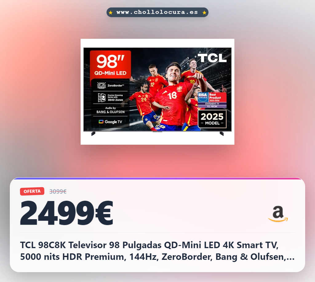 TCL 98C8K Televisor 98 Pulgadas QD-Mini LED 4K Smart TV, 5000 nits HDR Premium, 144Hz, ZeroBorder, Bang & Olufsen, Google TV, Dolby Vision IQ y Atmos, Panel WHVA, Game Master