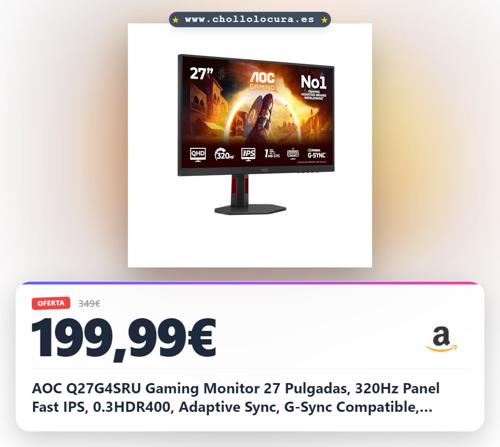 AOC Q27G4SRU Gaming Monitor 27 Pulgadas, 320Hz Panel Fast IPS, 0.3HDR400, Adaptive Sync, G-Sync Compatible, Altavoces, Altura Ajustable, (2560x1440 HDMI 2X 2.1 DP 1x 1.4 USB Hub) Negro