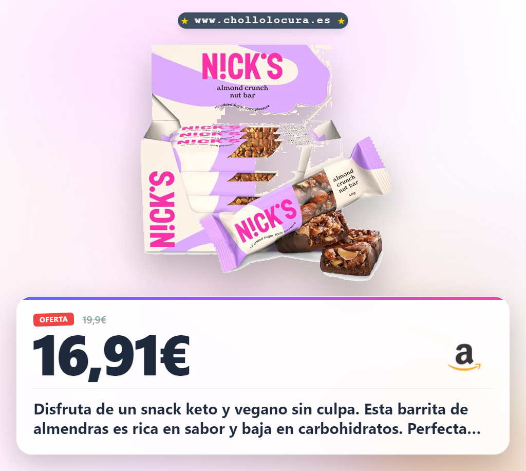 Aprovecha la barrita vegana NICKS keto sin gluten y sin azúcar con almendras al mejor precio