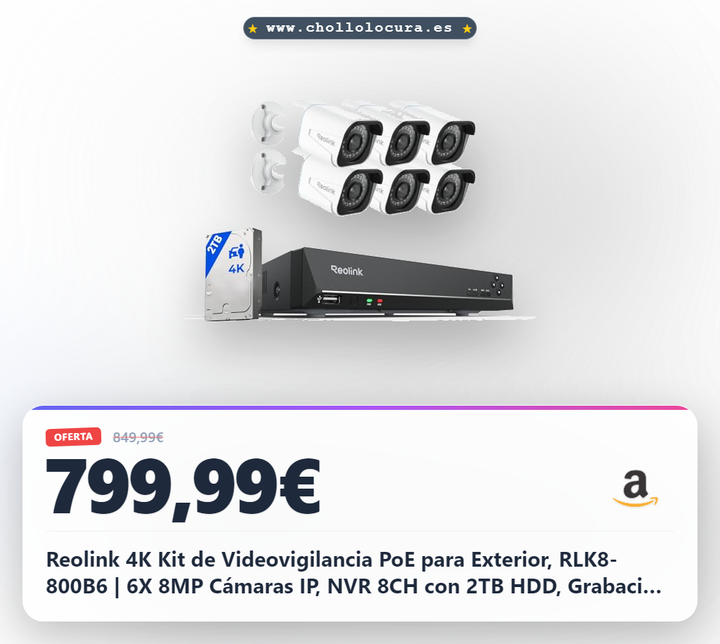 Reolink 4K Kit de Videovigilancia PoE para Exterior, RLK8-800B6 | 6X 8MP Cámaras IP, NVR 8CH con 2TB HDD, Grabación 24/7, Detección de Personas/Vehículos, Visión Nocturna, IP67 Impermeable