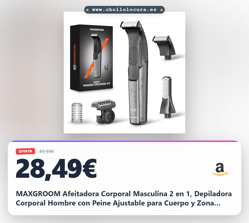 MAXGROOM Afeitadora Corporal Masculina 2 en 1, Depiladora Corporal Hombre con Peine Ajustable para Cuerpo y Zona Intima, en Seco y Húmedo, Pantalla LED y Recargable Tipo-C, Negro