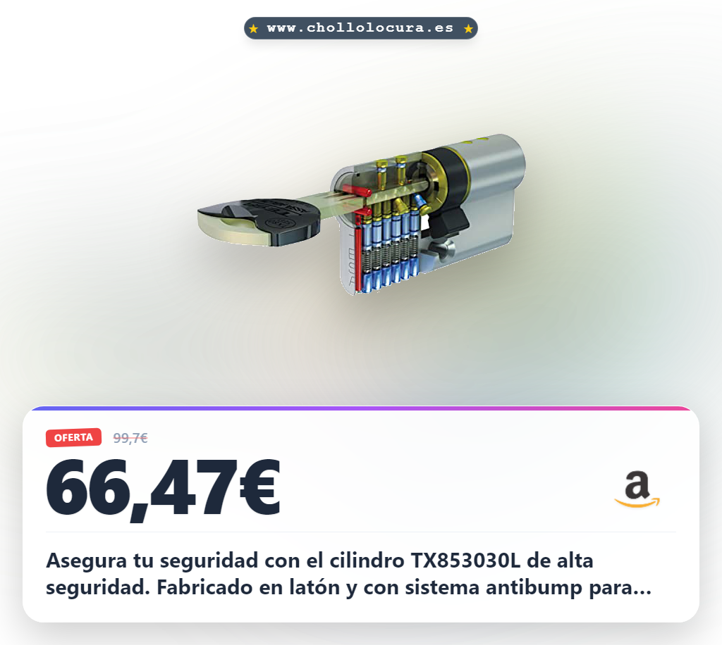 Consigue el cilindro de alta seguridad TX80 30x30 latonado con sistema antibump y llaves patentadas
