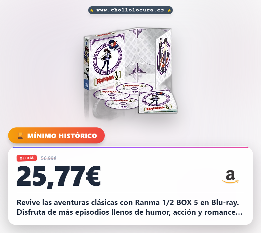 Revive las aventuras clásicas con Ranma 1/2 BOX 5 en Blu-ray. Disfruta de más episodios llenos de humor, acción y romance en alta definición. Sumérgete en las hilarantes transformaciones y líos de Ranma y sus amigos. ¡La serie icónica que no te puedes perder!