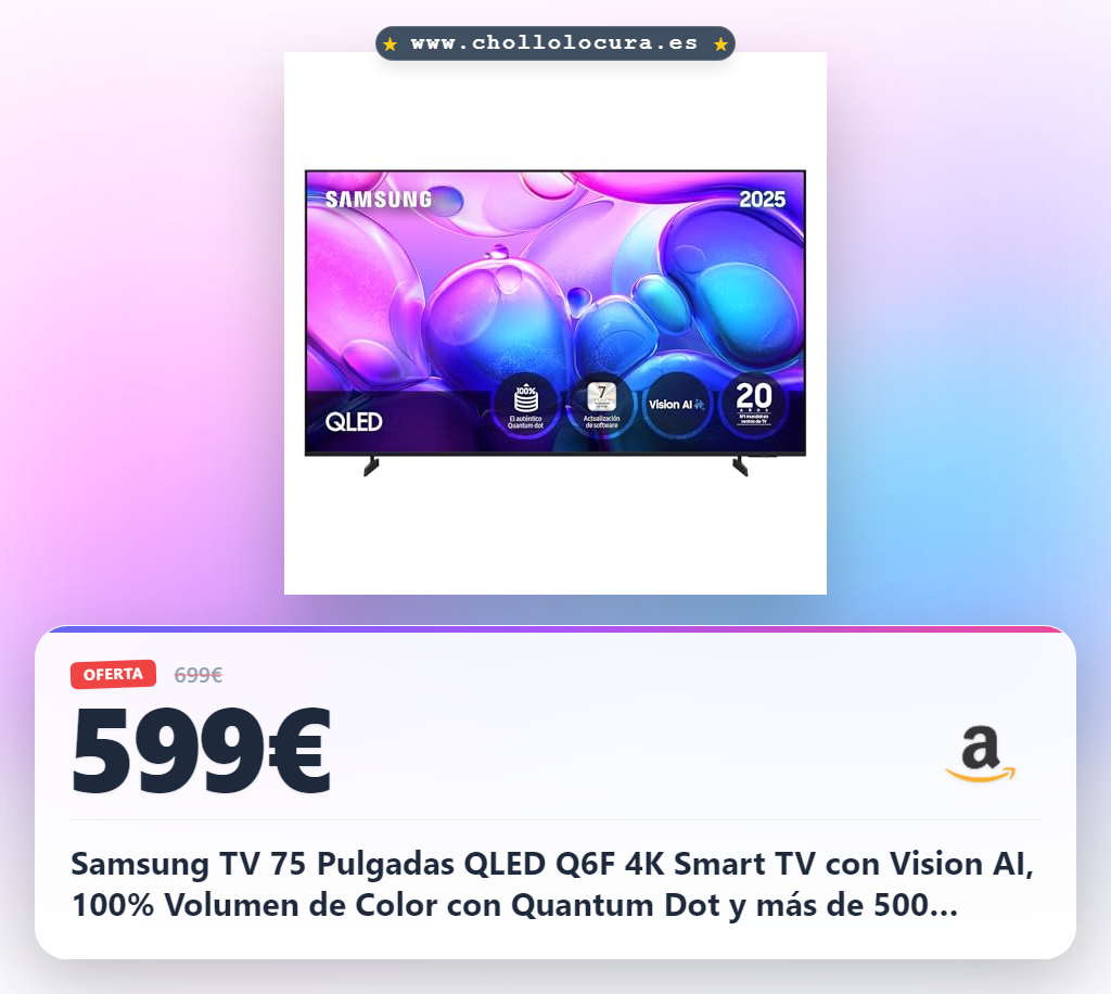 Samsung TV 75 Pulgadas QLED Q6F 4K Smart TV con Vision AI, 100% Volumen de Color con Quantum Dot y más de 500 Canales [Clase de eficiencia energética G]
