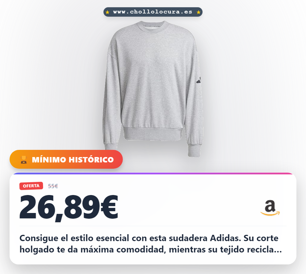 Consigue el estilo esencial con esta sudadera Adidas. Su corte holgado te da máxima comodidad, mientras su tejido reciclado cuida el planeta. Un básico moderno y responsable para ti.