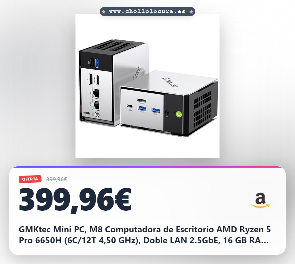 GMKtec Mini PC, M8 Computadora de Escritorio AMD Ryzen 5 Pro 6650H (6C/12T 4,50 GHz), Doble LAN 2.5GbE, 16 GB RAM LPDDR5 + 1 TB SSD PCIe, Oculink, USB4, HDMI, USB-C