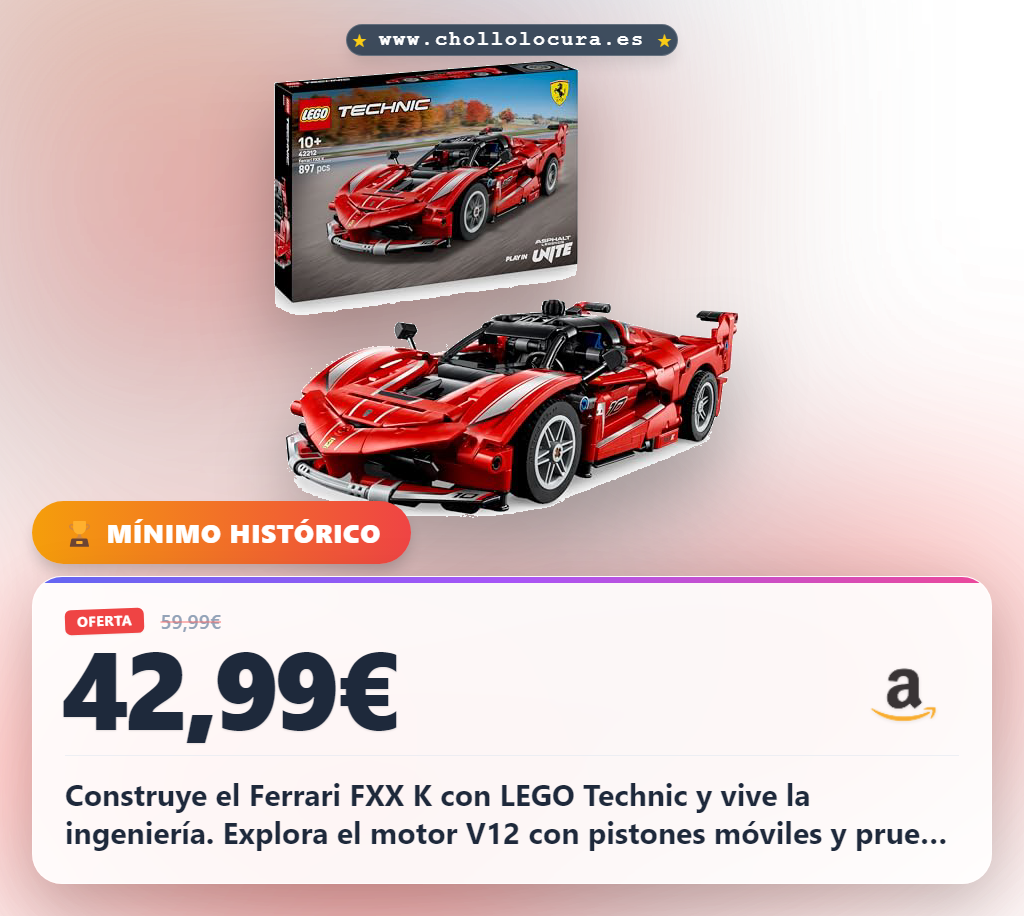Aprovecha el Ferrari FXX K LEGO Technic con motor V12 y pistones móviles en oferta histórica
