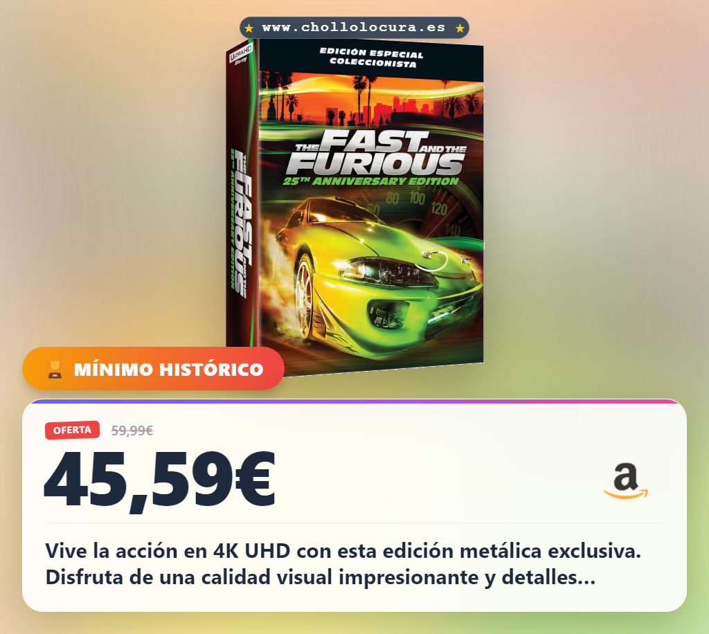 Vive la acción en 4K UHD con esta edición metálica exclusiva. Disfruta de una calidad visual impresionante y detalles premium que te encantarán. Es la edición definitiva para coleccionistas y amantes de la velocidad. ¡Consigue la tuya ahora!