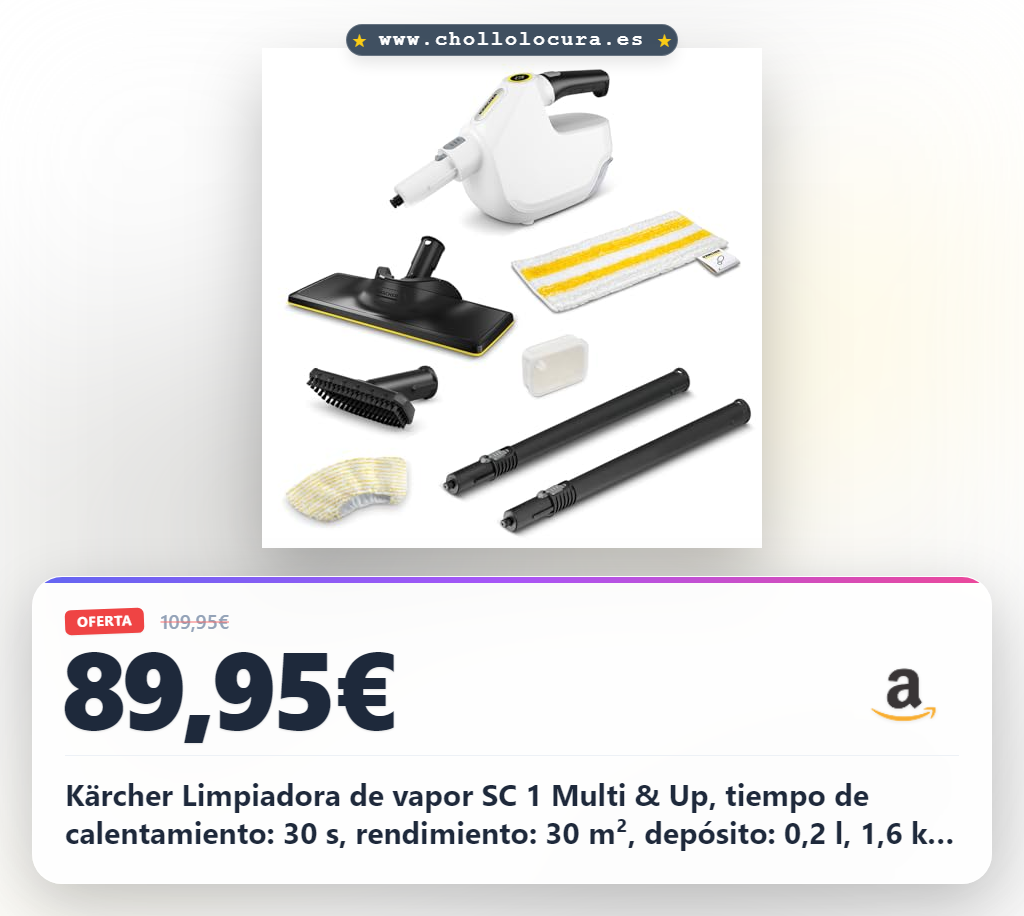 Kärcher Limpiadora de vapor SC 1 Multi & Up, tiempo de calentamiento: 30 s, rendimiento: 30 m², depósito: 0,2 l, 1,6 kg, boquilla suelos EasyFix Large, paño microfibra, cartucho de descalcificación