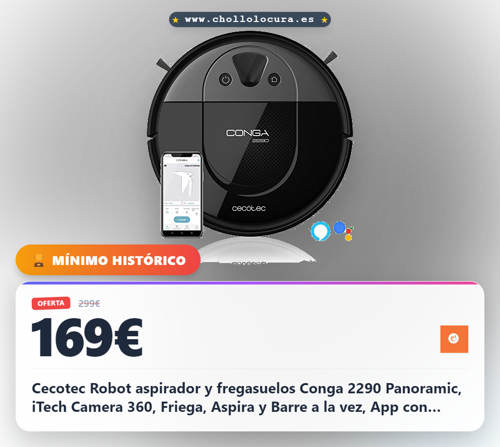 Cecotec Robot aspirador y fregasuelos Conga 2290 Panoramic, iTech Camera 360, Friega, Aspira y Barre a la vez, App con Mapa Interactivo, Succión hasta 2700 Pa, Cepillo Mascotas, Alexa & Google Assist