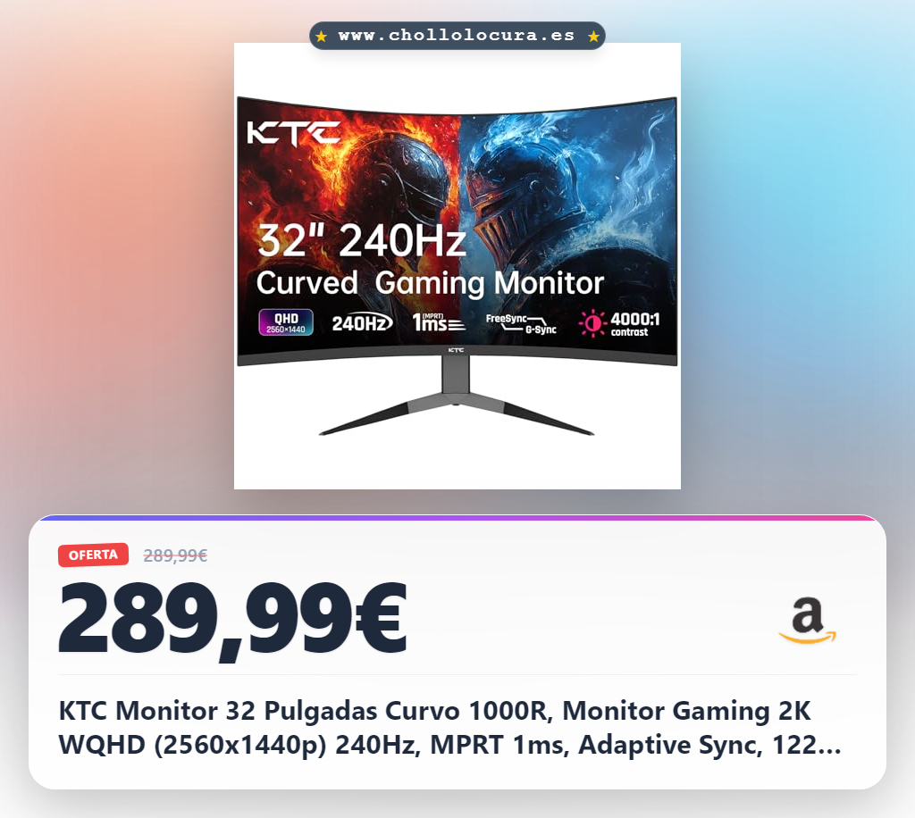 KTC Monitor 32 Pulgadas Curvo 1000R, Monitor Gaming 2K WQHD (2560x1440p) 240Hz, MPRT 1ms, Adaptive Sync, 122% sRGB, Contraste 4000:1, DP 1.4 (240Hz), HDMI 2.0 (144Hz), inclinación y Soporte VESA