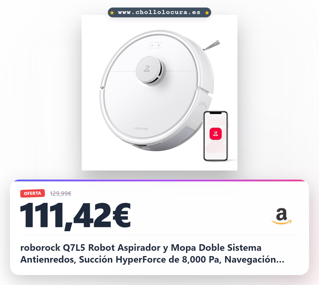roborock Q7L5 Robot Aspirador y Mopa Doble Sistema Antienredos, Succión HyperForce de 8,000 Pa, Navegación Precisa, Rendimiento de Nivel Básico, Dueños de Mascotas, Blanco