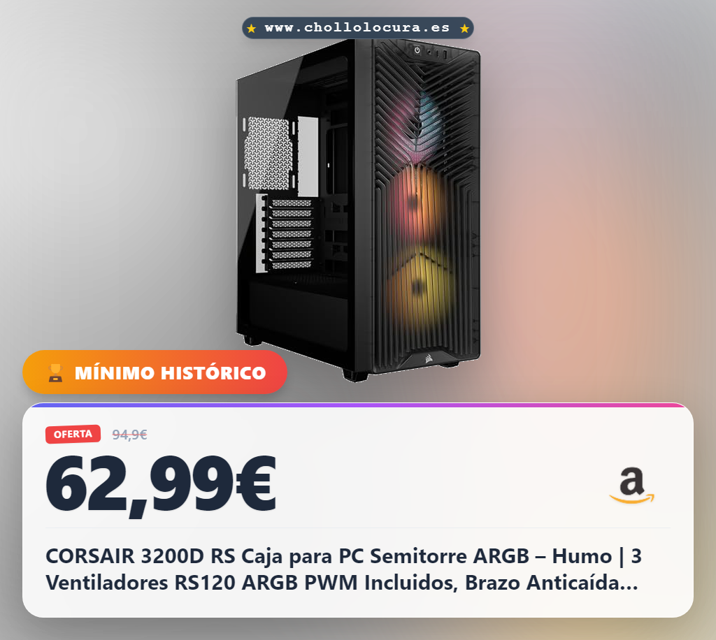 CORSAIR 3200D RS Caja para PC Semitorre ARGB – Humo | 3 Ventiladores RS120 ARGB PWM Incluidos, Brazo Anticaída GPU, ASUS BTF, MSI Project Zero, Gigabyte Project Stealth