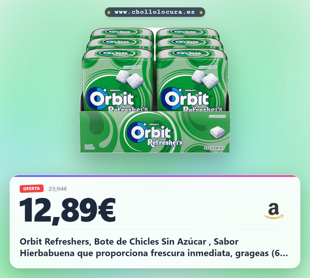Orbit Refreshers, Bote de Chicles Sin Azúcar , Sabor Hierbabuena que proporciona frescura inmediata, grageas (6 x 30 chicles)