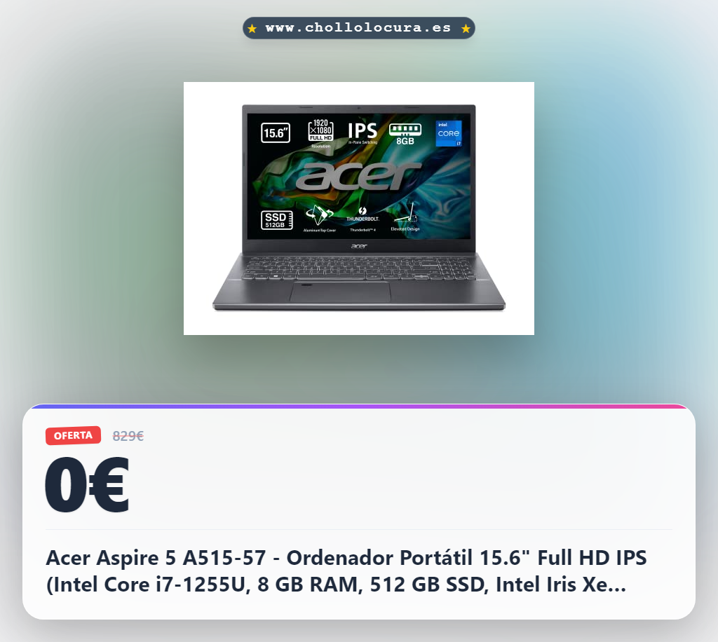 Acer Aspire 5 A515-57 - Ordenador Portátil 15.6" Full HD IPS (Intel Core i7-1255U, 8 GB RAM, 512 GB SSD, Intel Iris Xe Graphics, Sin sistema operativo) Color Negro - Teclado QWERTY Español