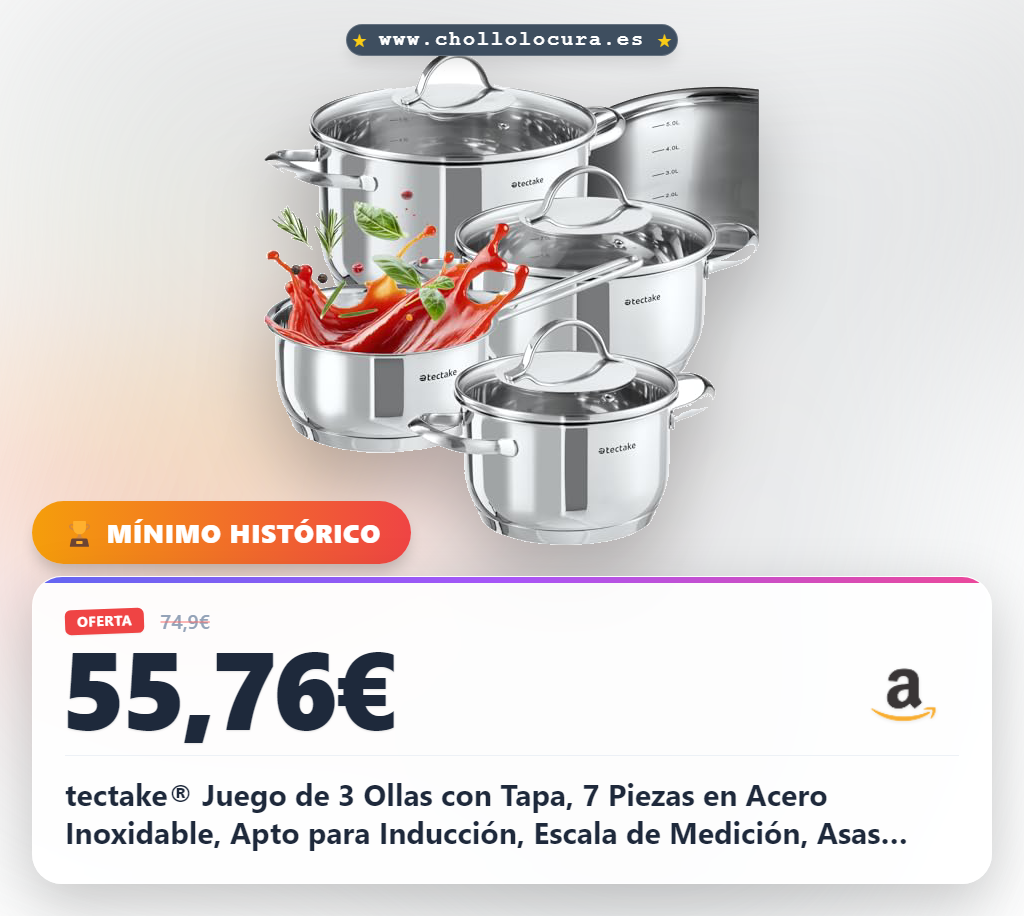 tectake® Juego de 3 Ollas con Tapa, 7 Piezas en Acero Inoxidable, Apto para Inducción, Escala de Medición, Asas Resistentes al Calor, Tapa de Cristal con Salida de Vapor, Ideal Cocinas y Camping