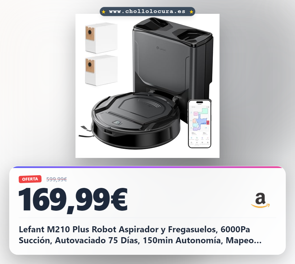 Lefant M210 Plus Robot Aspirador y Fregasuelos, 6000Pa Succión, Autovaciado 75 Días, 150min Autonomía, Mapeo Láser ToF, Obstáculos 190° PSD, Detecta Alfombras, Mascotas, Negro