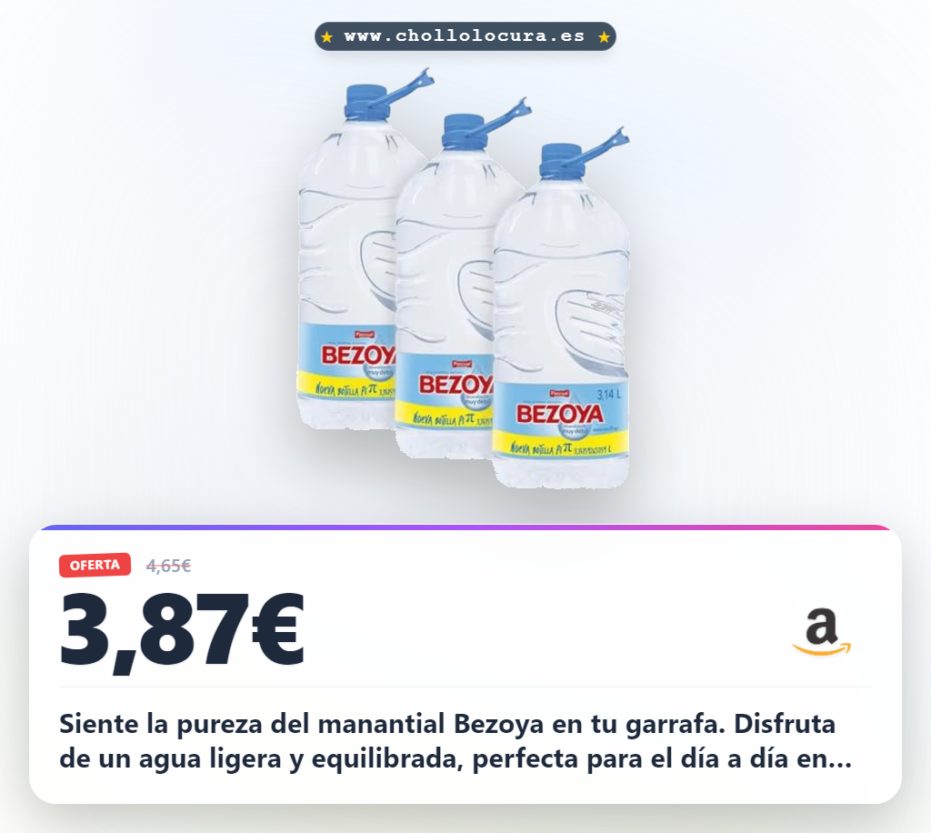 Compra la garrafa práctica de agua mineral Bezoya 3,14L con origen natural a precio de chollo