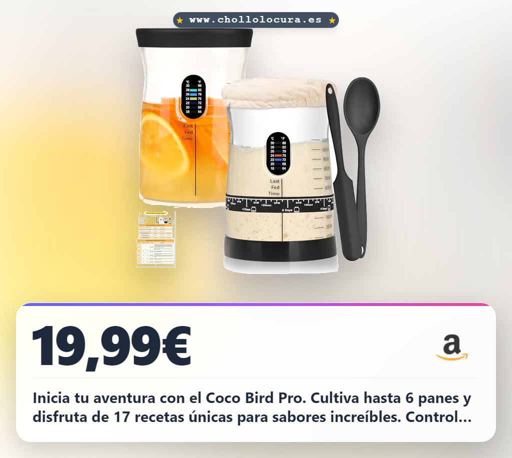 Inicia tu aventura con el Coco Bird Pro. Cultiva hasta 6 panes y disfruta de 17 recetas únicas para sabores increíbles. Controla cada fermentación con pegatinas de temperatura y accesorios de silicona. ¡El secreto para un pan de masa madre perfecto está en tus manos!