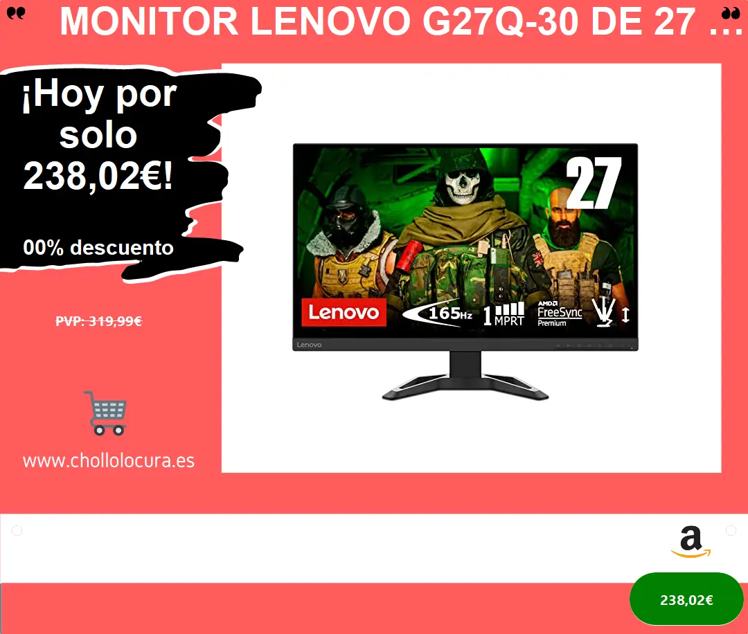 Monitor Lenovo G27Q-30 de 27 WQHD 165Hz ¡Calidad y rendimiento al mejor precio!