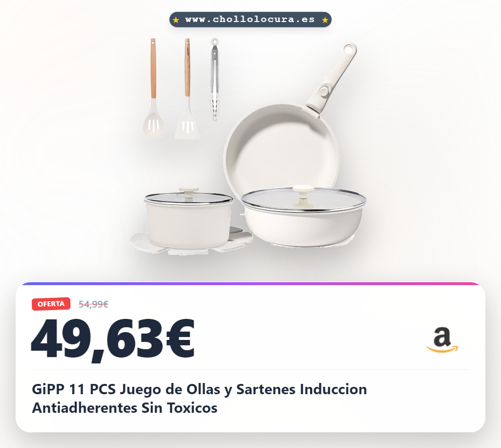 Aprovecha este juego de 11 piezas de ollas y sartenes GiPP antiadherentes sin tóxicos. Cocina fácil y duradera a precio de chollo.