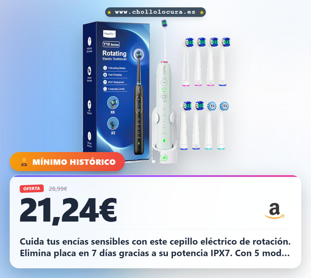 Descubre el cepillo eléctrico de rotación para encías sensibles con 5 modos y 8 cabezales a precio de chollo