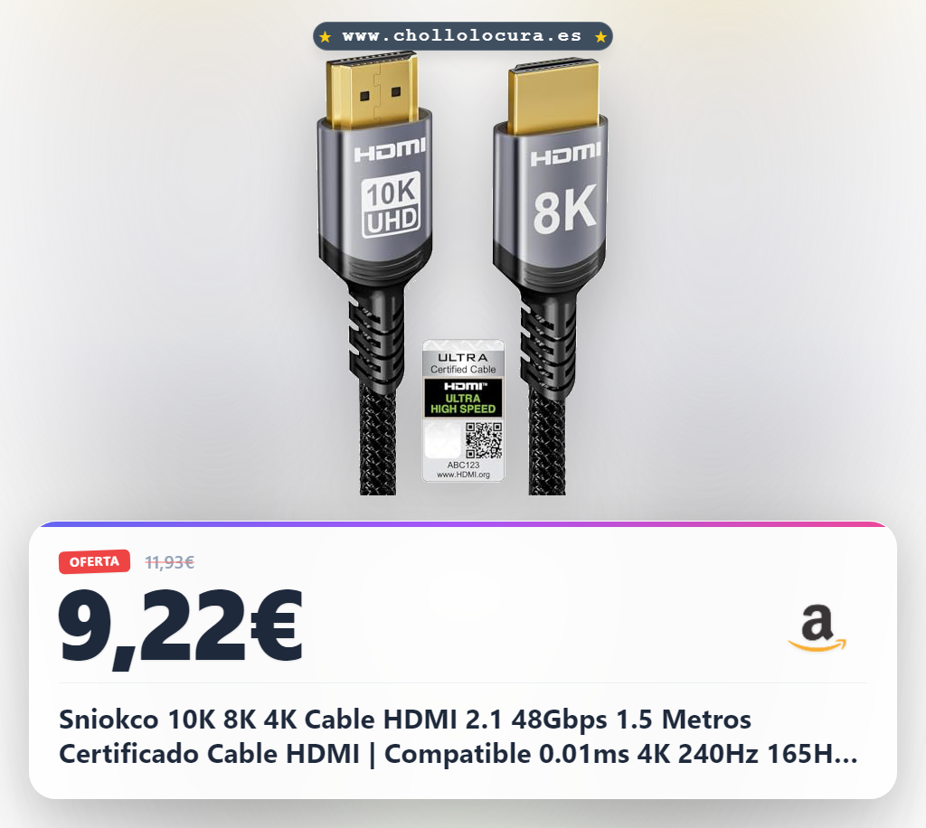 Sniokco 10K 8K 4K Cable HDMI 2.1 48Gbps 1.5 Metros Certificado Cable HDMI | Compatible 0.01ms 4K 240Hz 165Hz 120Hz 8K 60Hz eARC Netflix HDCP 2.3 2.2 HDR10+ TV Computadora Monitor Proyector Roku Sky-Q