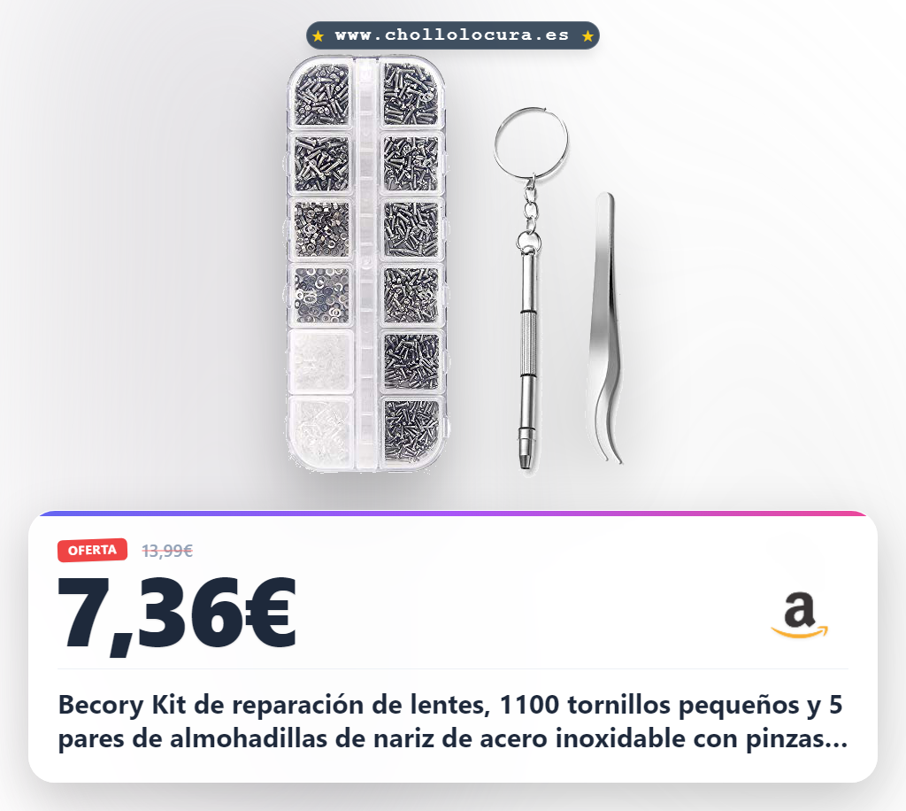 Becory Kit de reparación de lentes, 1100 tornillos pequeños y 5 pares de almohadillas de nariz de acero inoxidable con pinzas de micro destornillador para gafas, gafas de sol, reparación de relojes
